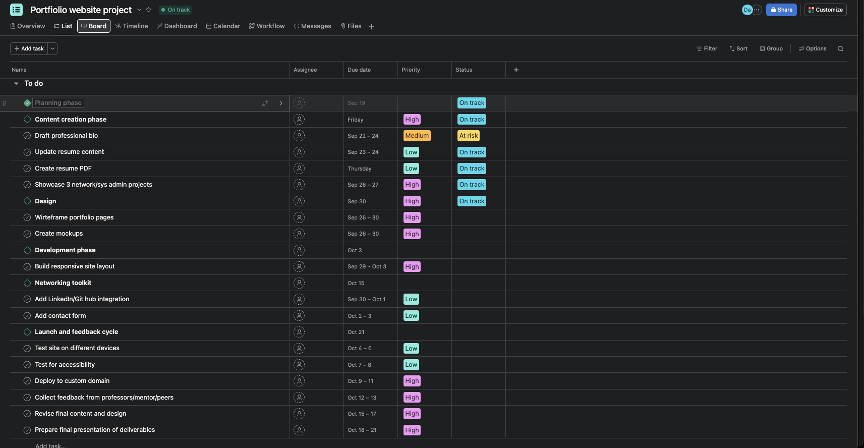 List view of portfolio project in Asana